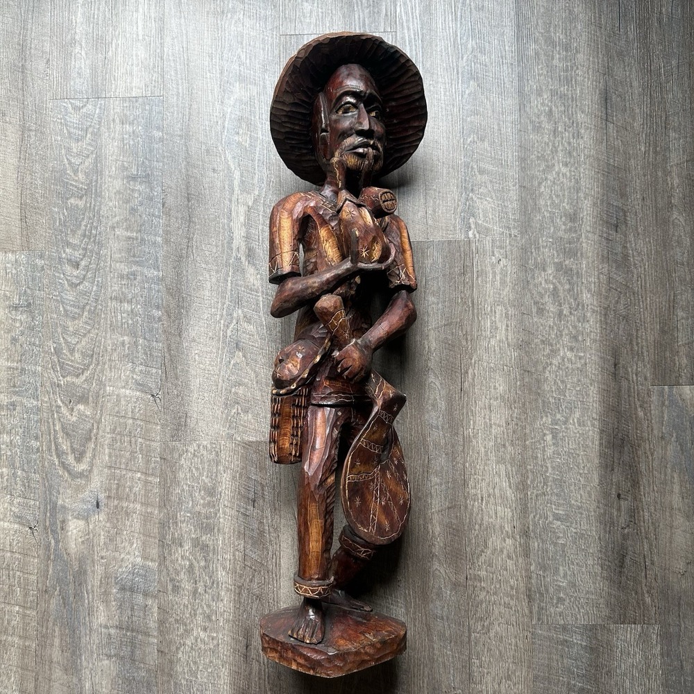 Vintage Carved Wood Figure 31" Caribbean Folk Art Man Smoking Pipe Haiti Statue